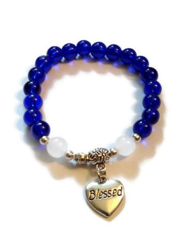 Blessed Heart Blue Glass Beaded Stretch Bracelet