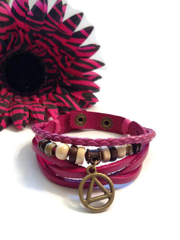 Leather Bronze  AA Charm Bracelet Snap Closure - Pink