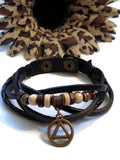 Leather Bronze AA Charm Bracelet Snap Closure - Black