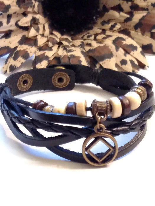 Leather Bronze NA Charm Bracelet Snap Closure - Black