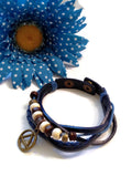 Leather Bronze Charm AA Bracelet Snap Closure - Blue