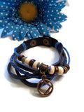 Leather Bronze Charm NA Bracelet Snap Closure - Blue