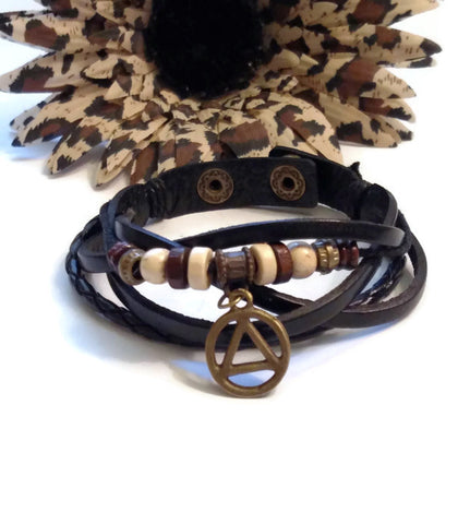 Leather Bronze AA Charm Bracelet Snap Closure - Black