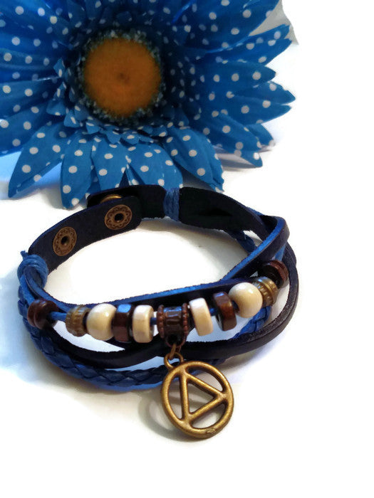 Leather Bronze Charm AA Bracelet Snap Closure - Blue