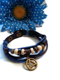Leather Bronze Charm AA Bracelet Snap Closure - Blue