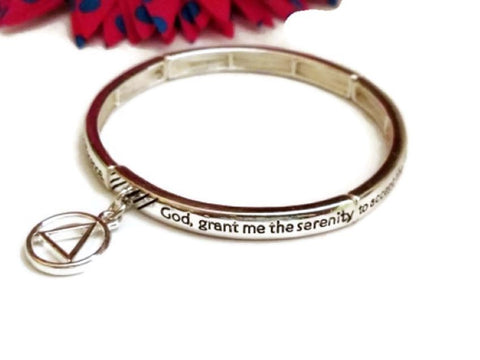 Serenity Prayer Stretch Bracelet with Alcoholics Anonymous Charm - Silver Tone