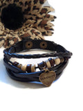 Leather Bronze Serenity Charm Bracelet Snap Closure - Black
