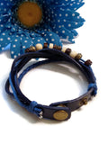 Leather Bronze Charm NA Bracelet Snap Closure - Blue