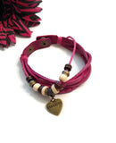 Leather Bronze Charm Serenity Bracelet Snap Closure - Pink