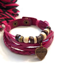Leather Bronze Charm Serenity Bracelet Snap Closure - Pink