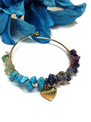 Stone Chip Wire Bangle Bracelet Serenity Heart Gold Tone