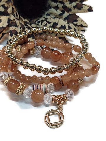 4 Pc Set Tan & Gold Tone Stack Bracelet - Narcotics Anonymous