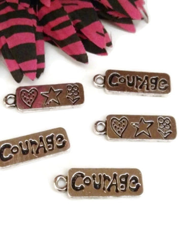 Courage Double Sided Pendant Charms - Inspirational Silver Tone 5 pcs