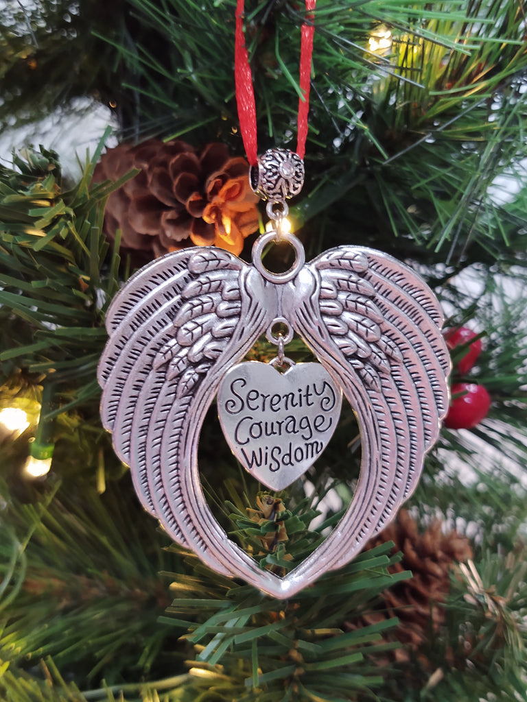 Serenity Courage Wisdom Tree Ornament Angel Wings Holiday Decor 12 Step Recovery Gift - SCW Wings