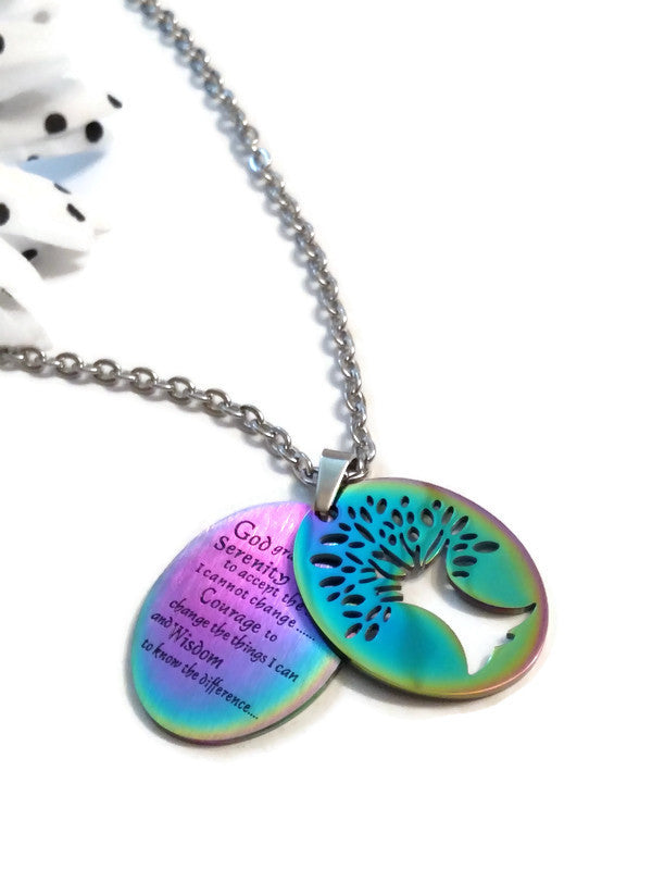 Tree Of Life Serenity Prayer Necklace - Rainbow Stainless Steel