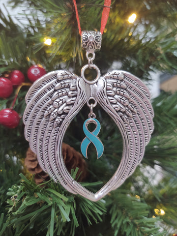 Addiction Recovery Awareness Wing Ornament Holiday Decor 12 Step Recovery Gift - Teal Ribbon