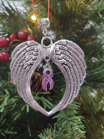 Overdose Awareness Tree Ornament Angel Wings Holiday Decor 12 Step Recovery - Purple Ribbon